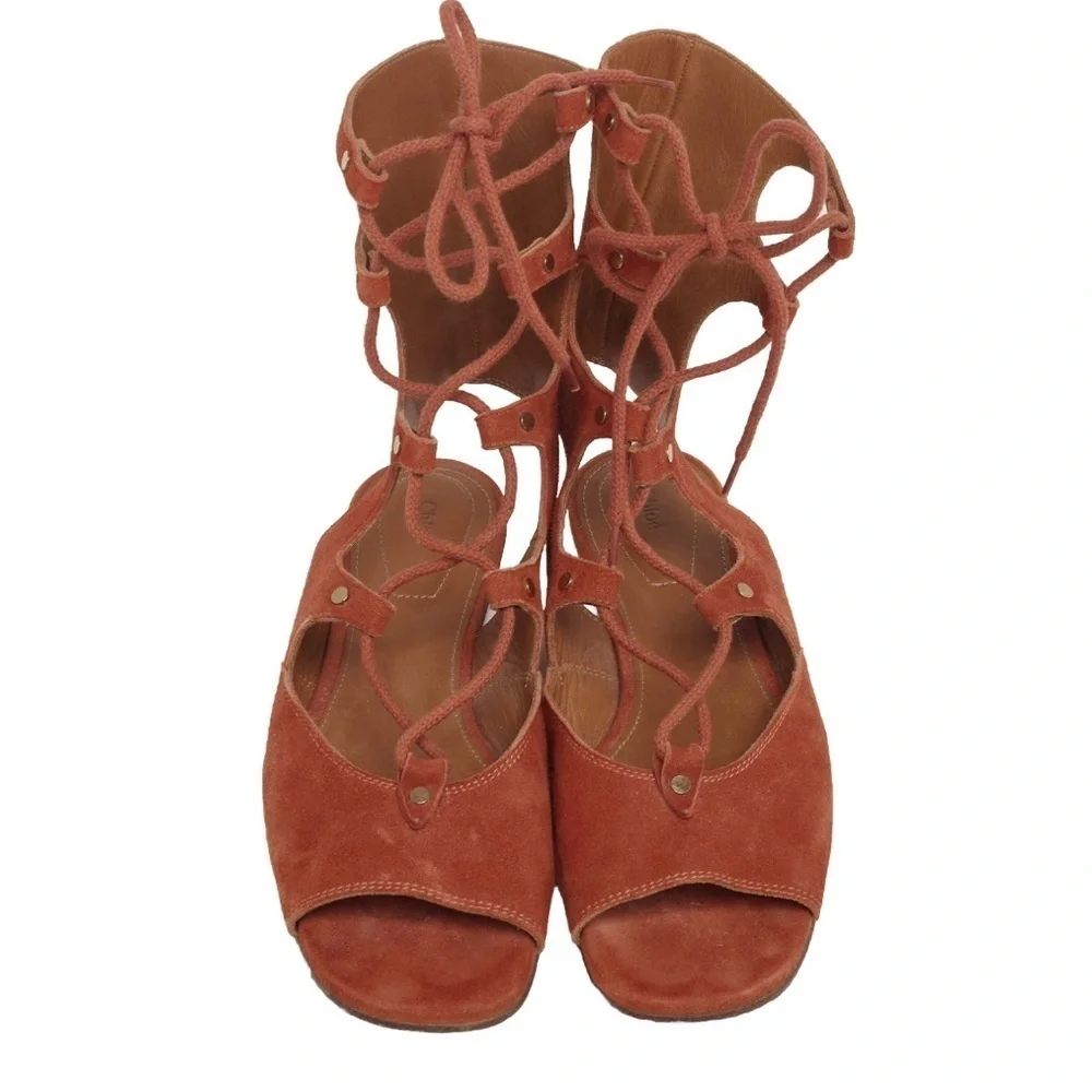 Chloé Rust Orange Sandals Suede Gladiator Lace Up Flat 7.5 Casual Summer Resort